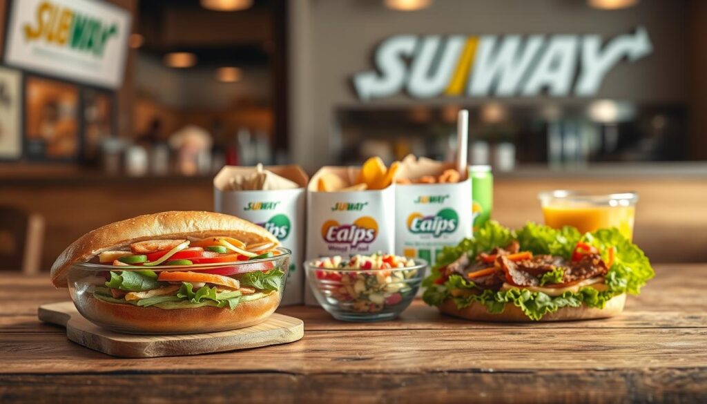 A visually appealing array of prepared Subway meals displayed on a rustic wooden table. In the foreground, a large Subway sandwich overflowing with fresh vegetables, meats, and sauces, served alongside a colorful salad in a clear bowl. In the middle, a trio of neatly packaged meal boxes featuring variations of wraps, chips, and drinks, showcasing the variety available for EBT users. The background features a softly blurred restaurant setting with Subway branding subtly hinted at. Warm, inviting lighting bathes the scene, creating a cozy atmosphere that conveys freshness and healthiness. The image captures the essence of wholesome meal options available to those eligible for RMP, emphasizing quality and abundance.