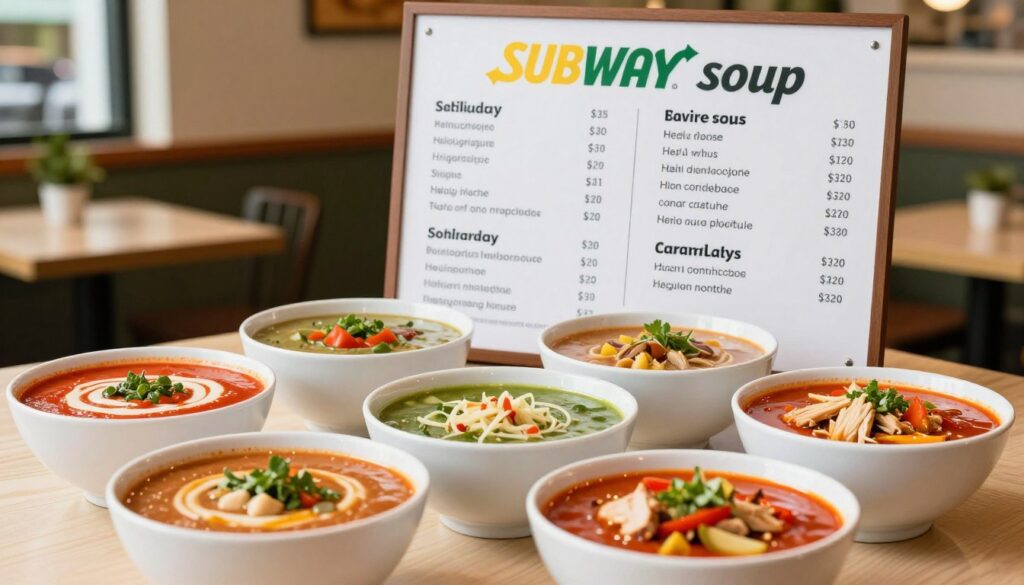 A visually appealing display of Subway soup prices per serving, featuring a neatly arranged table with several bowls of different soups in the foreground. Each bowl is filled with a distinct, vibrant soup, showcasing variations like creamy tomato, hearty minestrone, and spicy chicken noodle. The middle ground includes an elegant menu board with neatly written prices in a contemporary font, highlighting affordability. In the background, a softly blurred Subway restaurant interior creates a warm, inviting atmosphere with soft lighting and a hint of greenery. The composition is captured from a slight overhead angle, emphasizing the delicious textures and colors of the soups. The overall mood is light, appetizing, and informative, perfect for a food article.