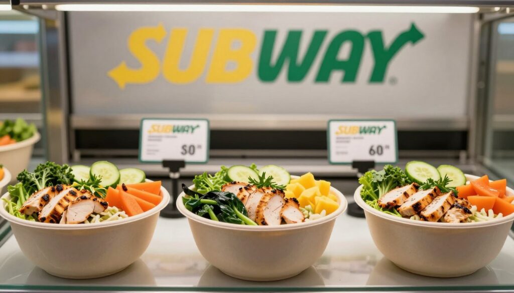 A visually striking comparison of various Subway protein bowls displayed prominently in a well-lit, modern setting. The foreground features three distinct protein bowls, each filled generously with fresh ingredients like grilled chicken, vibrant greens, and colorful vegetables, elegantly garnished. In the middle ground, include a subtle but detailed price tag for each bowl, emphasizing the financial aspect. The background showcases the Subway logo in soft focus, creating a branded ambiance without overwhelming the main subjects. Use natural lighting to highlight the freshness of the ingredients, with a slight depth of field effect to draw attention to the bowls. The overall mood is inviting, designed to intrigue health-conscious consumers looking for delicious and nutritious meal options while clearly presenting the price differences.