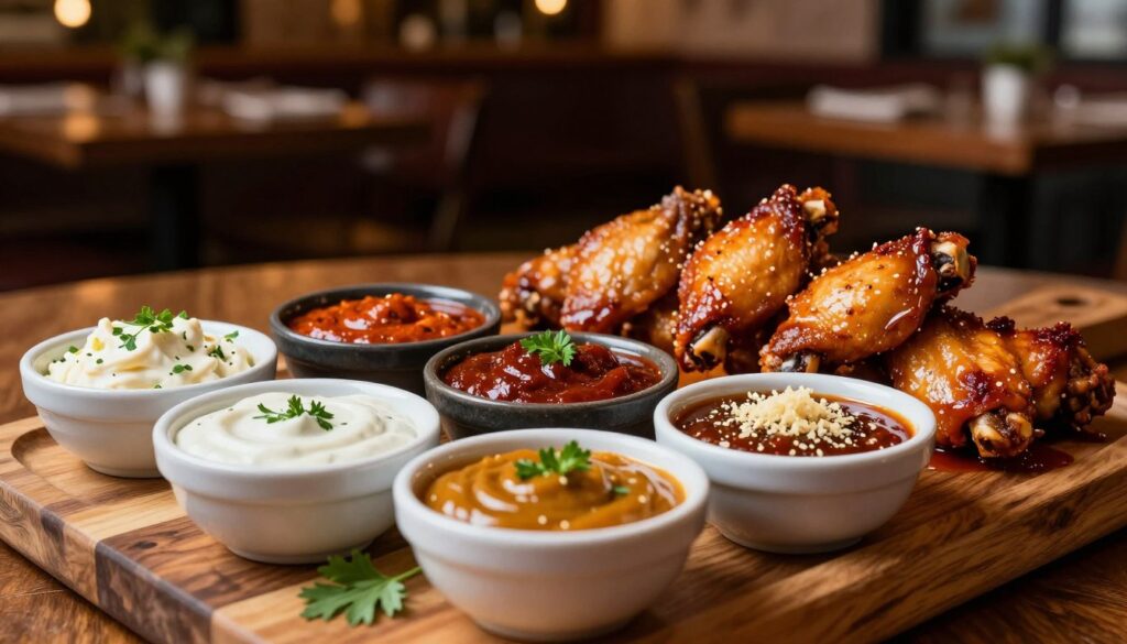 An inviting tabletop spread showcasing a variety of vibrant dips and flavors, with a focus on the best sauce pairings for wings and tenders. In the foreground, a rustic wooden platter features an array of colorful sauces in small bowls—creamy ranch, spicy buffalo, sweet barbecue, and zesty garlic Parmesan—each accompanied by fresh herbs for garnish. In the middle ground, crispy chicken wings and boneless tenders are artistically arranged, glistening with sauce. The background softly fades to a blurred restaurant interior, with warm ambient lighting creating a cozy atmosphere. The scene is captured using a shallow depth of field to emphasize the delicious details of the dips and food. The overall mood is warm, inviting, and enticing, making the viewer crave these mouthwatering flavors.